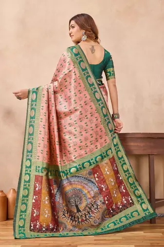 Peach green silk blend banarasi saree with unstitched blouse piece
