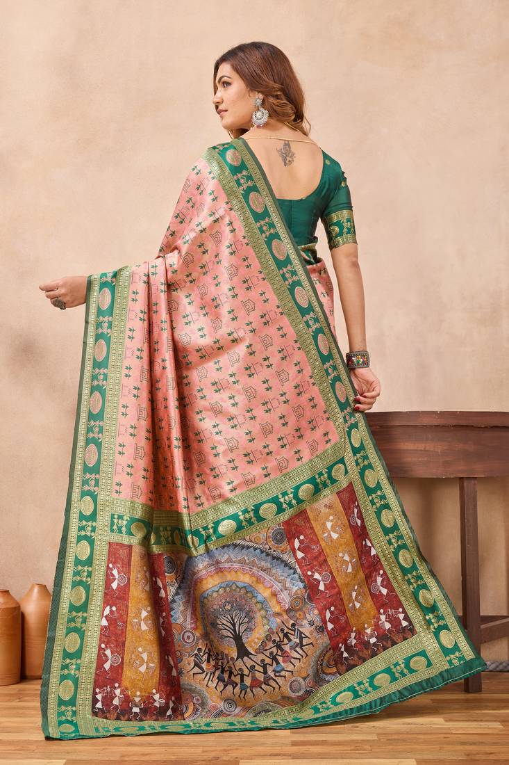 Peach green silk blend banarasi saree with unstitched blouse piece