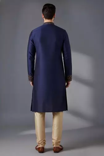 Blue embroidered dupion silk kurta pyjama