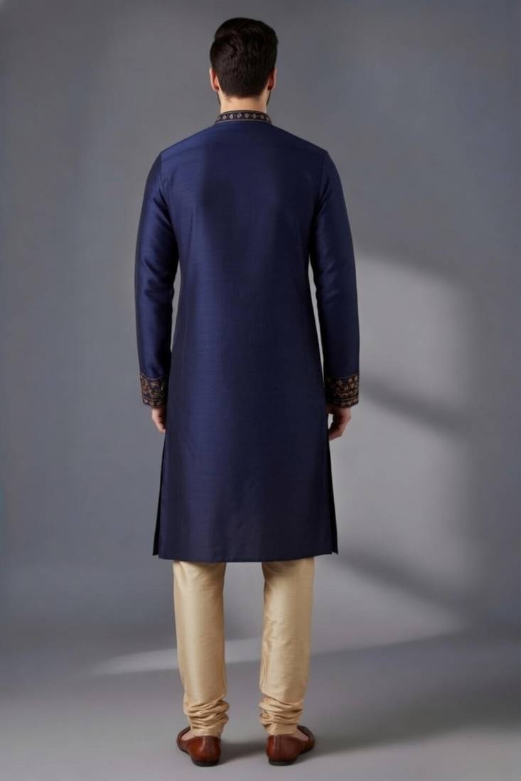 Blue embroidered dupion silk kurta pyjama
