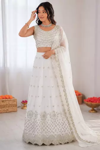 off white georgette thread sequin lehenga choli set