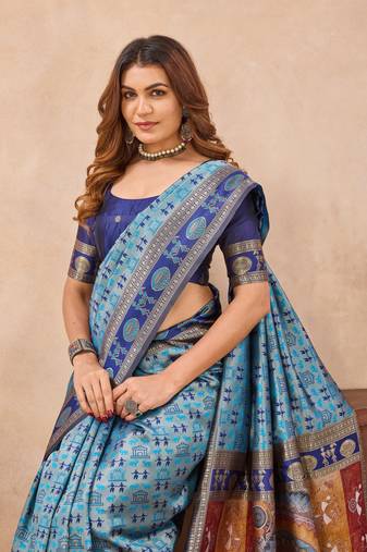 Turquoise silk blend banarasi saree with unstitched blouse piece
