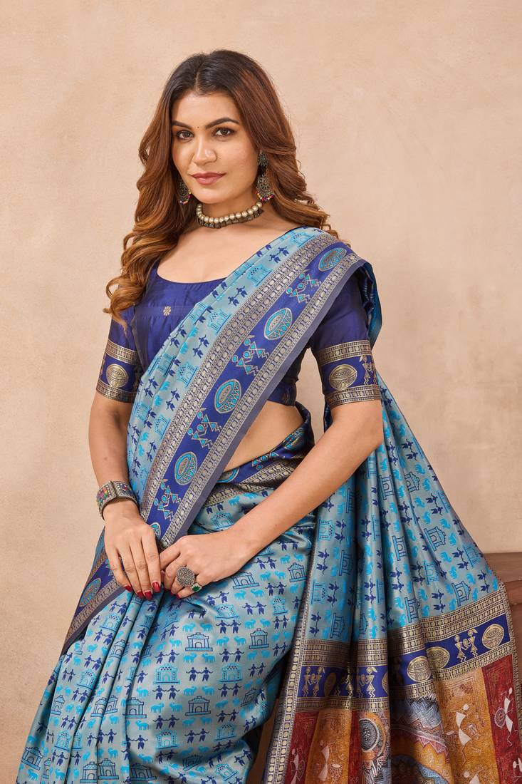 Turquoise soft silk blend banarasi jacuard work designer party wear saree with unstitched blouse piece