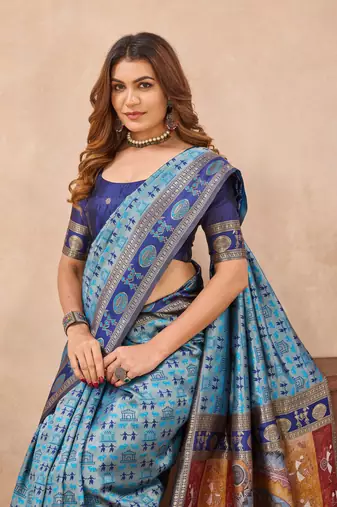 Turquoise silk blend banarasi saree with unstitched blouse piece
