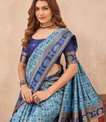 Turquoise silk blend banarasi saree with unstitched blouse piece