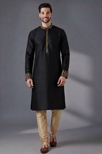 Black embroidered dupion silk kurta pyjama