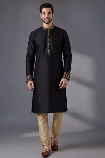 Black embroidered dupion silk kurta pyjama