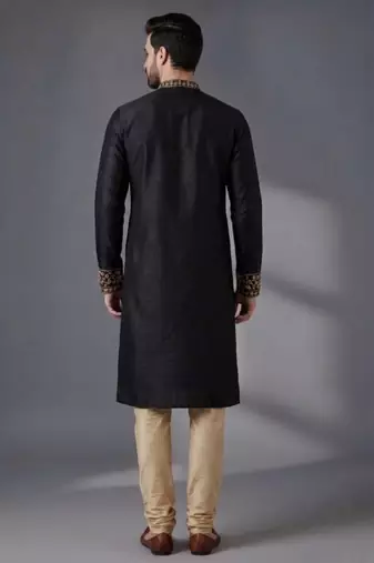 Black embroidered dupion silk kurta pyjama
