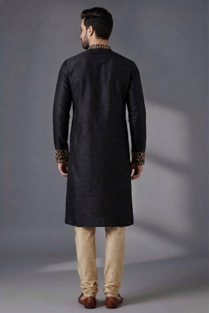 Black embroidered dupion silk kurta pyjama