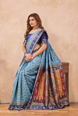 Turquoise silk blend banarasi saree with unstitched blouse piece 2