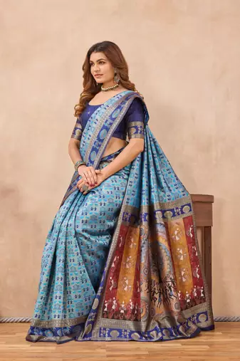 Turquoise silk blend banarasi saree with unstitched blouse piece
