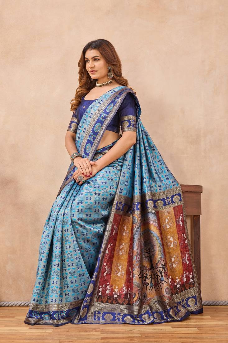 Turquoise silk blend banarasi saree with unstitched blouse piece