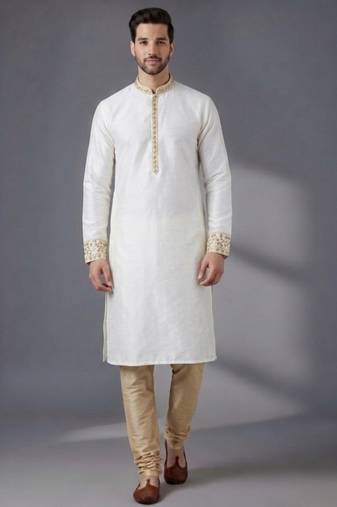 White embroidered dupion silk kurta pyjama