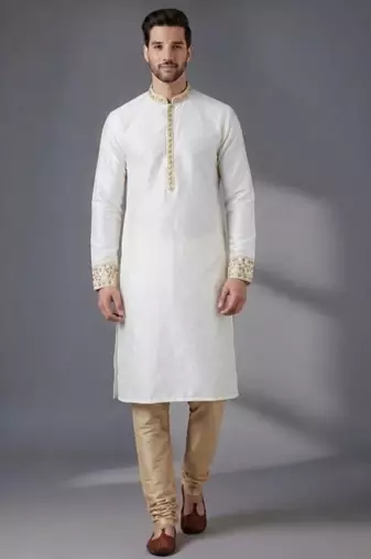 White embroidered dupion silk kurta pyjama