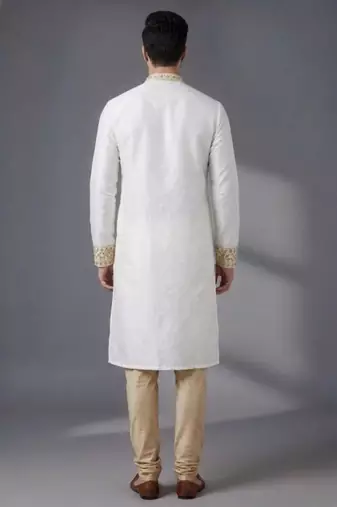 White embroidered dupion silk kurta pyjama