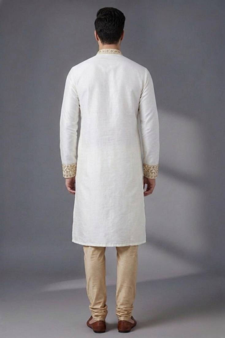 White embroidered dupion silk kurta pyjama