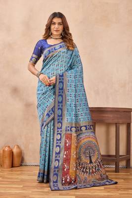Turquoise silk blend banarasi saree with unstitched blouse piece 3