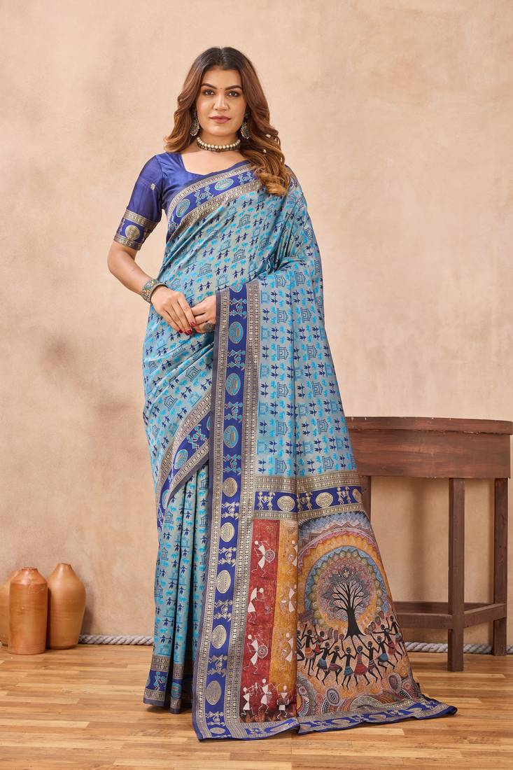 Turquoise silk blend banarasi saree with unstitched blouse piece