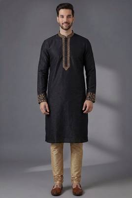 Black embroidered dupion silk kurta pyjama 1