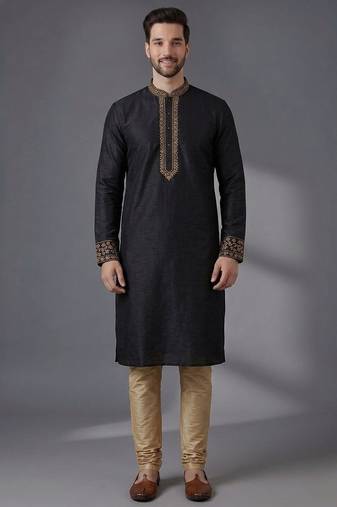 Black embroidered dupion silk kurta pyjama