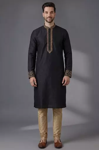 Black embroidered dupion silk kurta pyjama