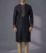 Black embroidered dupion silk kurta pyjama