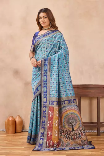 Turquoise silk blend banarasi saree with unstitched blouse piece
