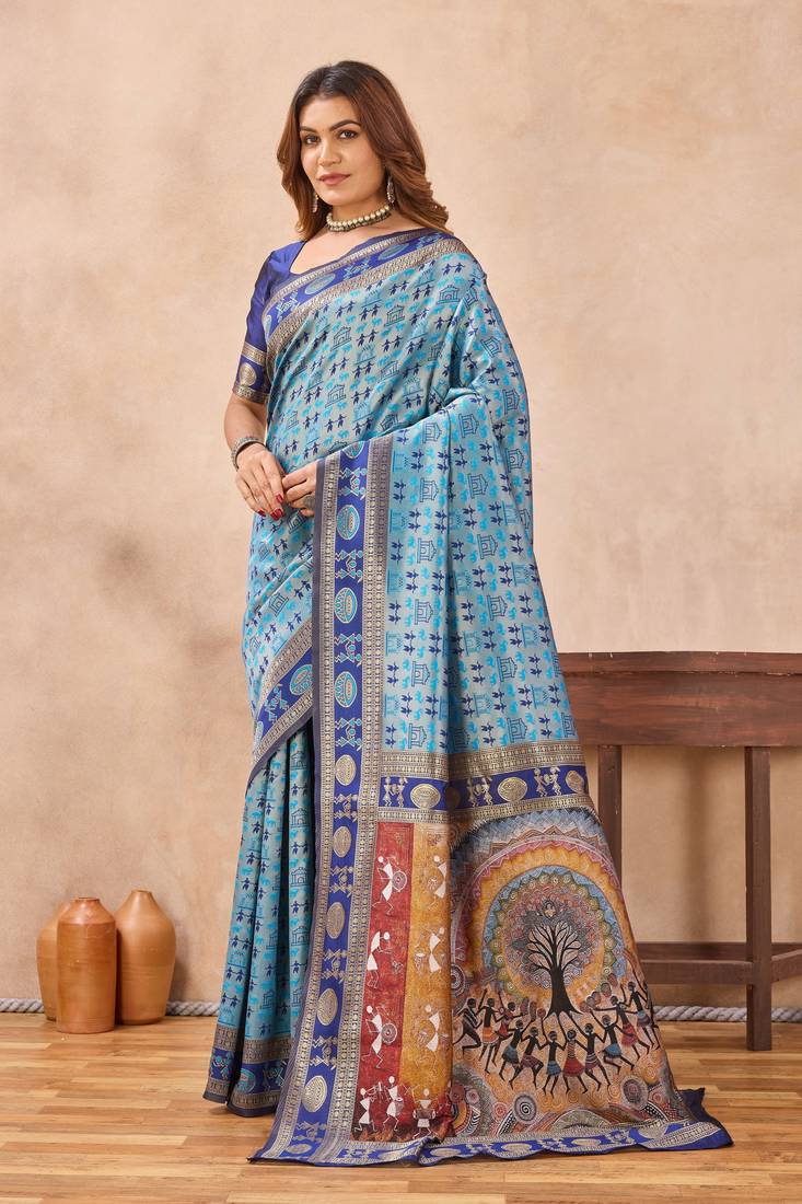 Turquoise silk blend banarasi saree with unstitched blouse piece