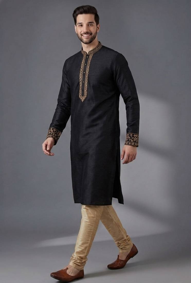Black embroidered dupion silk kurta pyjama