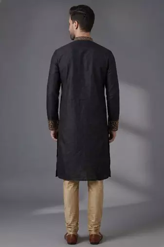 Black embroidered dupion silk kurta pyjama