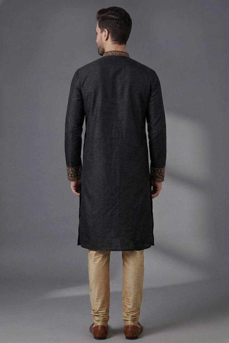 Black embroidered dupion silk kurta pyjama