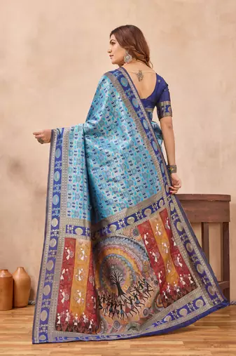 Turquoise silk blend banarasi saree with unstitched blouse piece