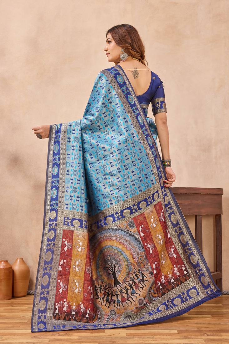 Turquoise silk blend banarasi saree with unstitched blouse piece