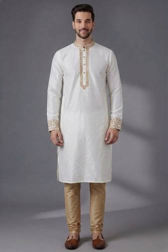 White embroidered dupion silk kurta pyjama