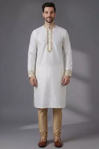 White embroidered dupion silk kurta pyjama