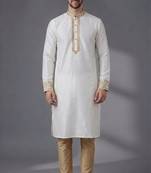White embroidered dupion silk kurta pyjama