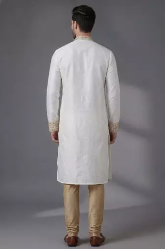 White embroidered dupion silk kurta pyjama