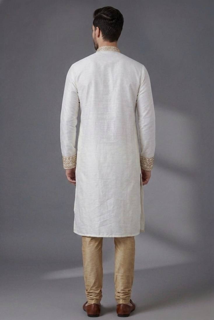 White embroidered dupion silk kurta pyjama