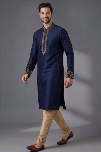 Blue embroidered dupion silk kurta pyjama