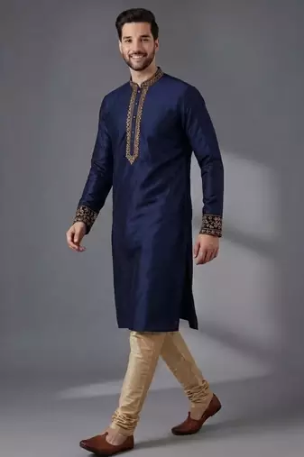Blue embroidered dupion silk kurta pyjama
