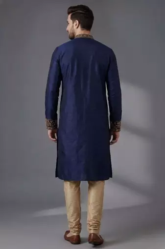 Blue embroidered dupion silk kurta pyjama