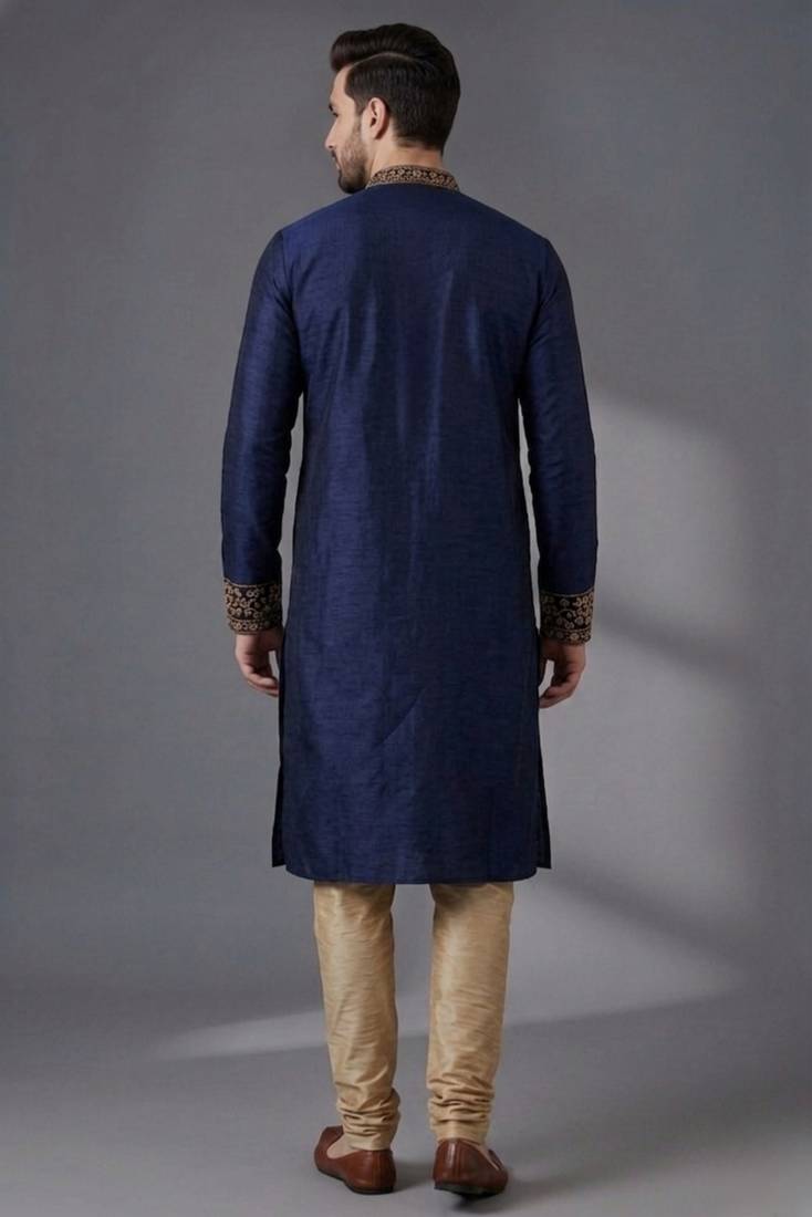 Blue embroidered dupion silk kurta pyjama