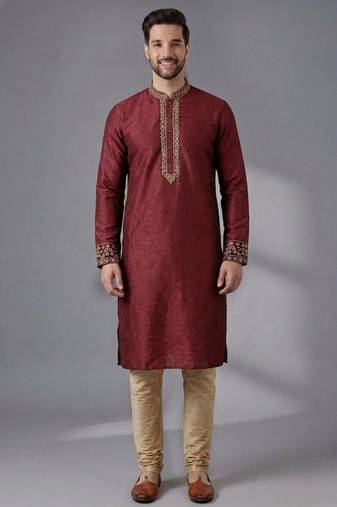 Maroon embroidered dupion silk kurta pyjama