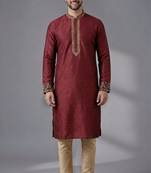 Maroon embroidered dupion silk kurta pyjama