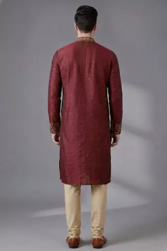 Maroon embroidered dupion silk kurta pyjama