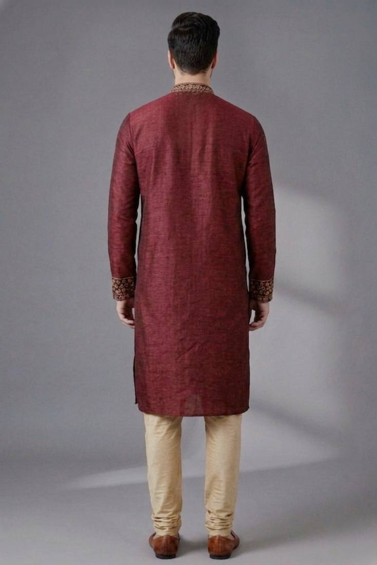 Maroon embroidered dupion silk kurta pyjama