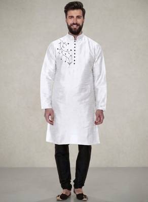 White embroidered dupion silk kurta pyjama 1