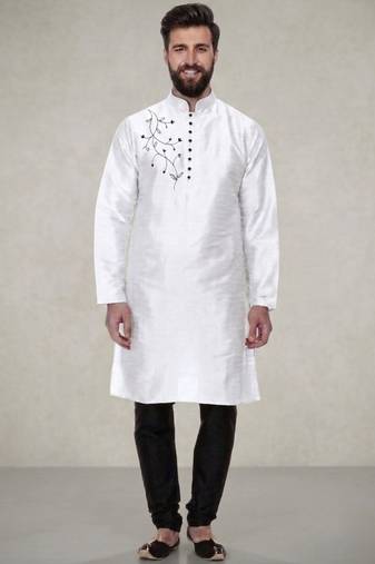 White embroidered dupion silk kurta pyjama