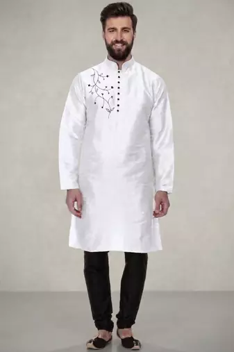 White embroidered dupion silk kurta pyjama