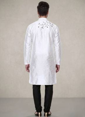 White embroidered dupion silk kurta pyjama 2